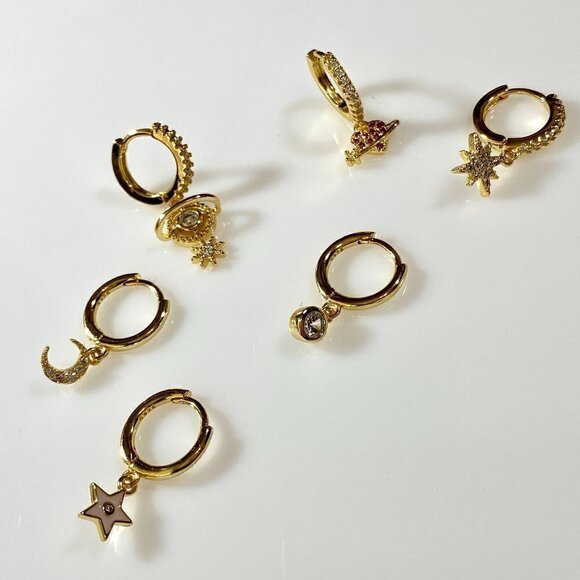 6 Gold Plated Sterling Silver Planets and Stars Earrings - Picture 1 of 7